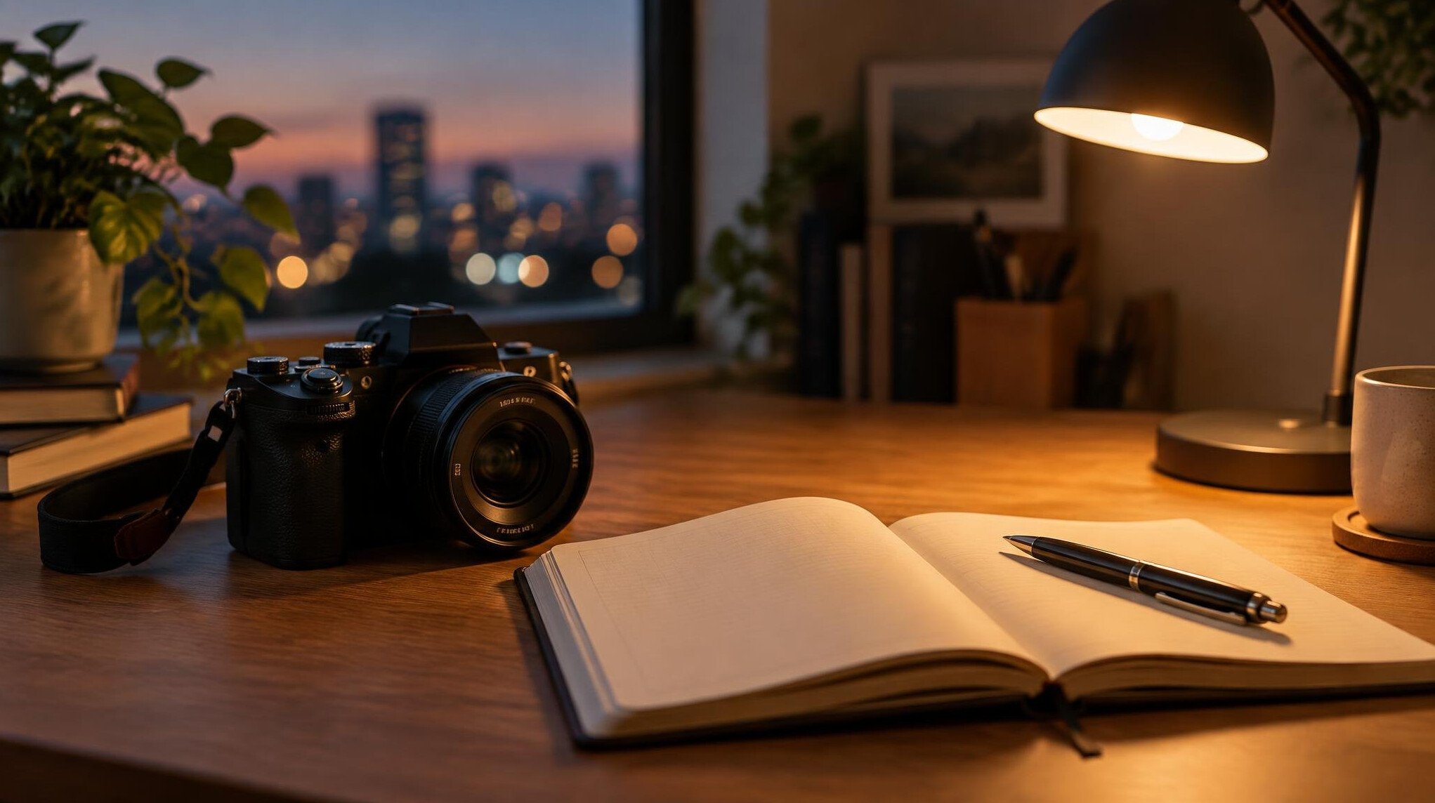 Desk with a camera, notebook and warm desk lamp