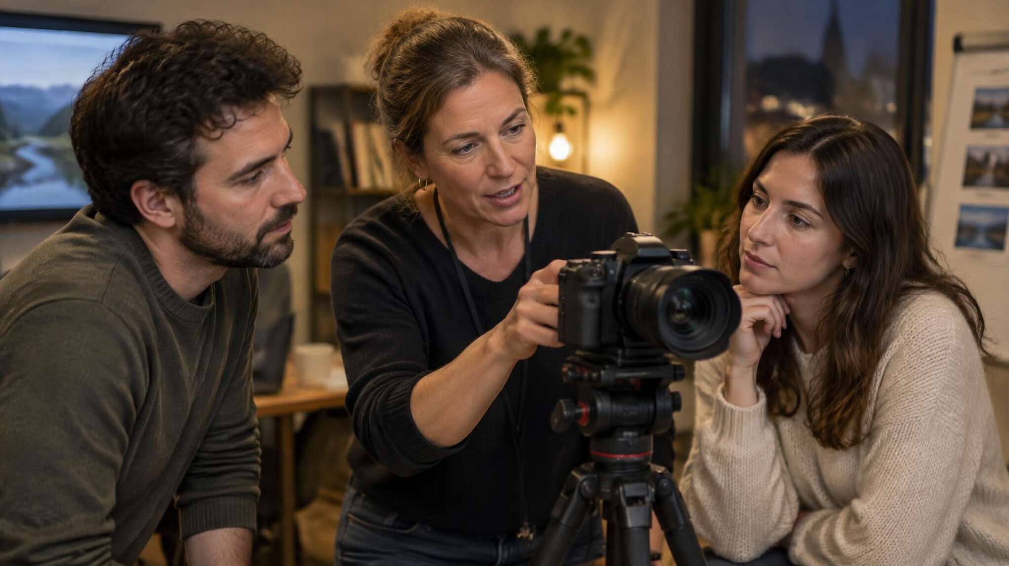 Instructor explaining camera technique to a small group