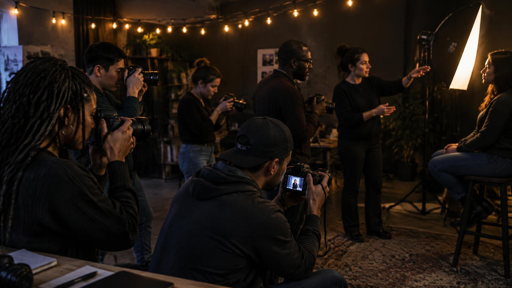 Students practicing camera framing during an evening workshop