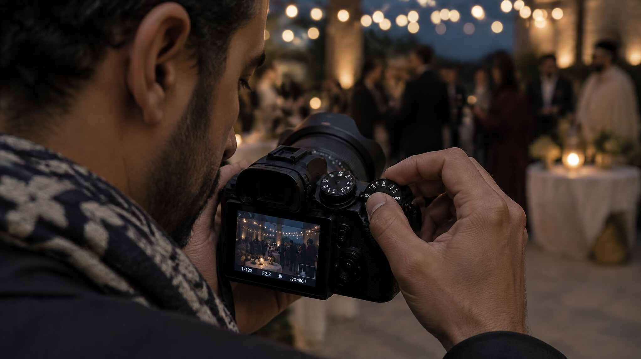 Camera operator adjusting settings on a camera at a dim event