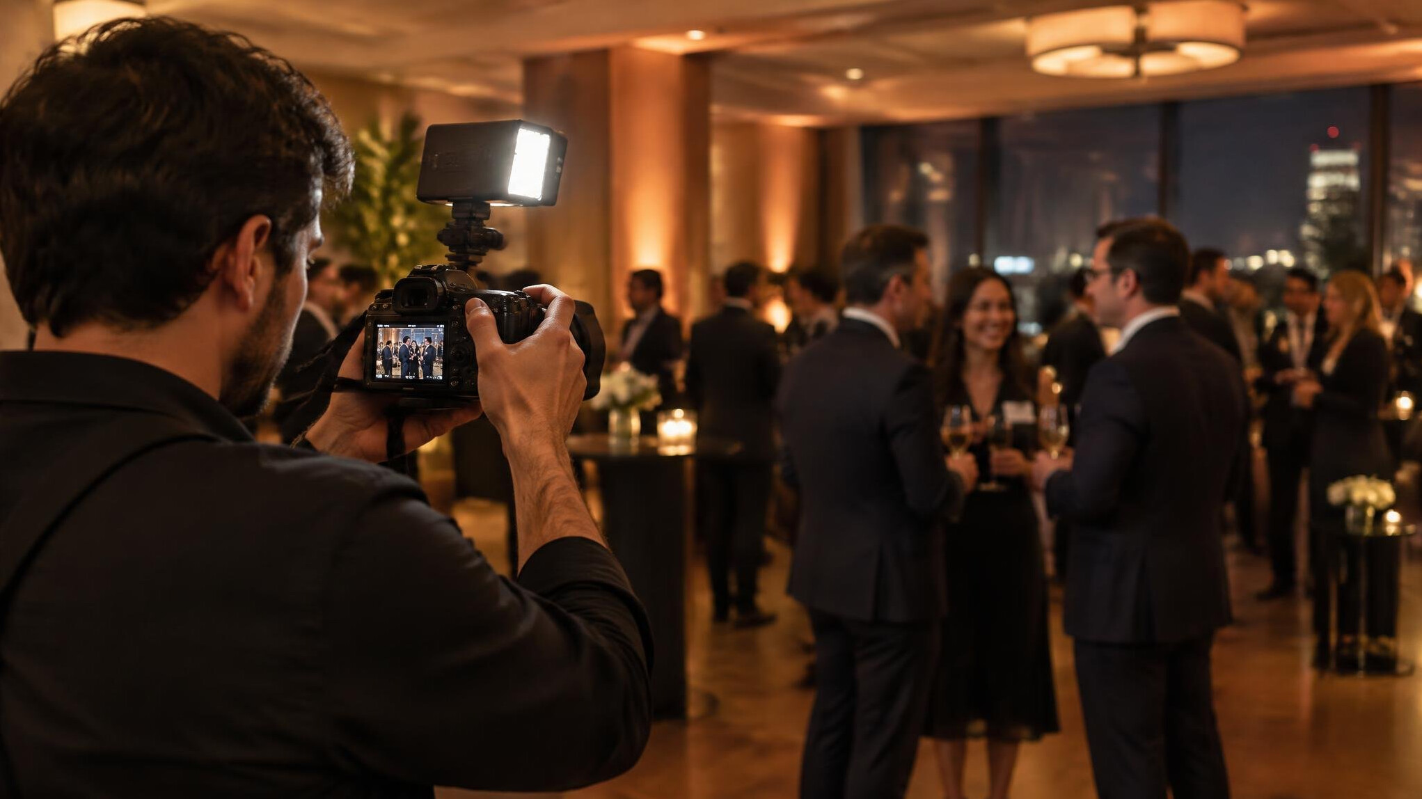 Videographer filming an evening event with a camera and light