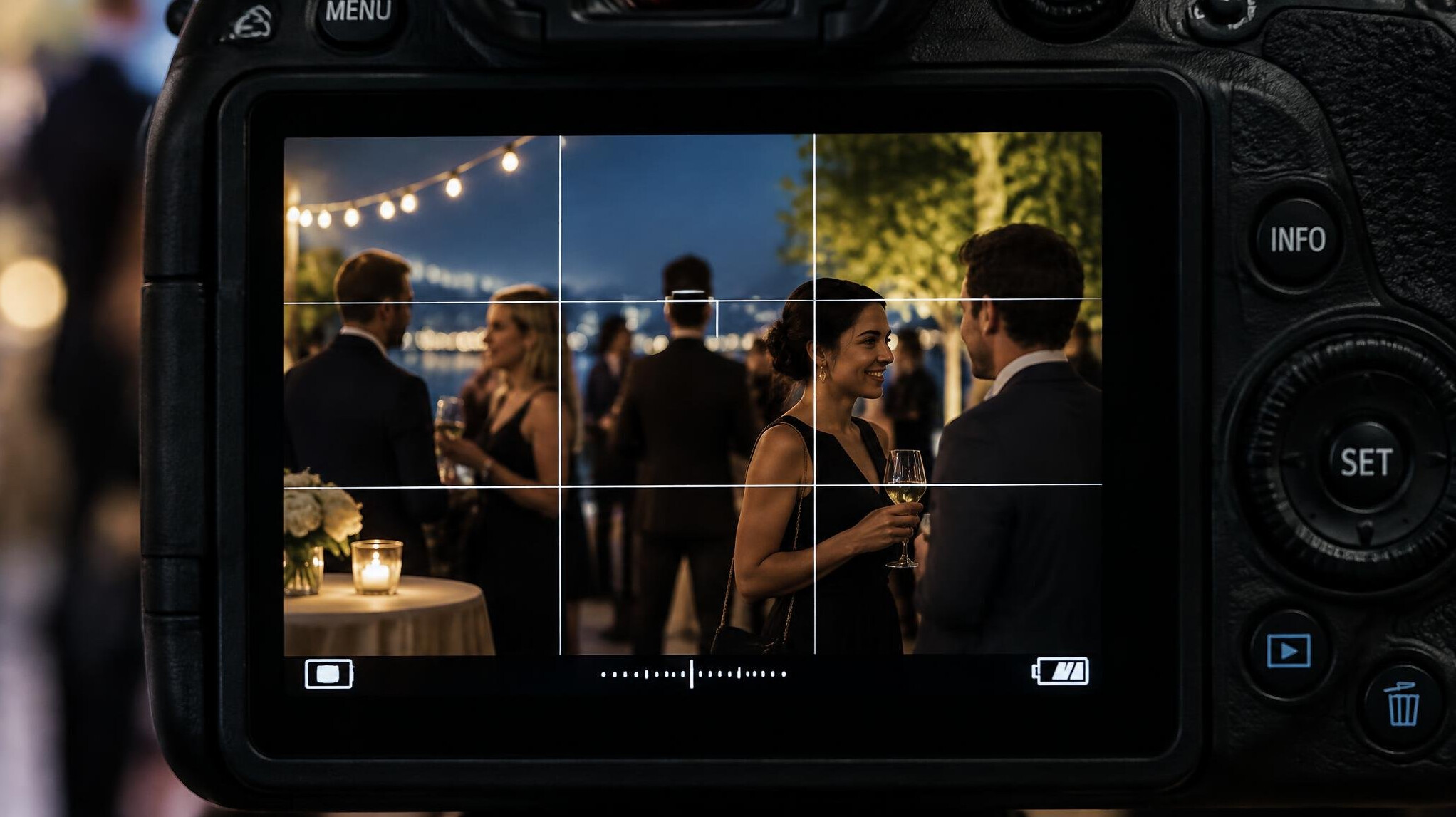 Camera viewfinder framing a scene at an event